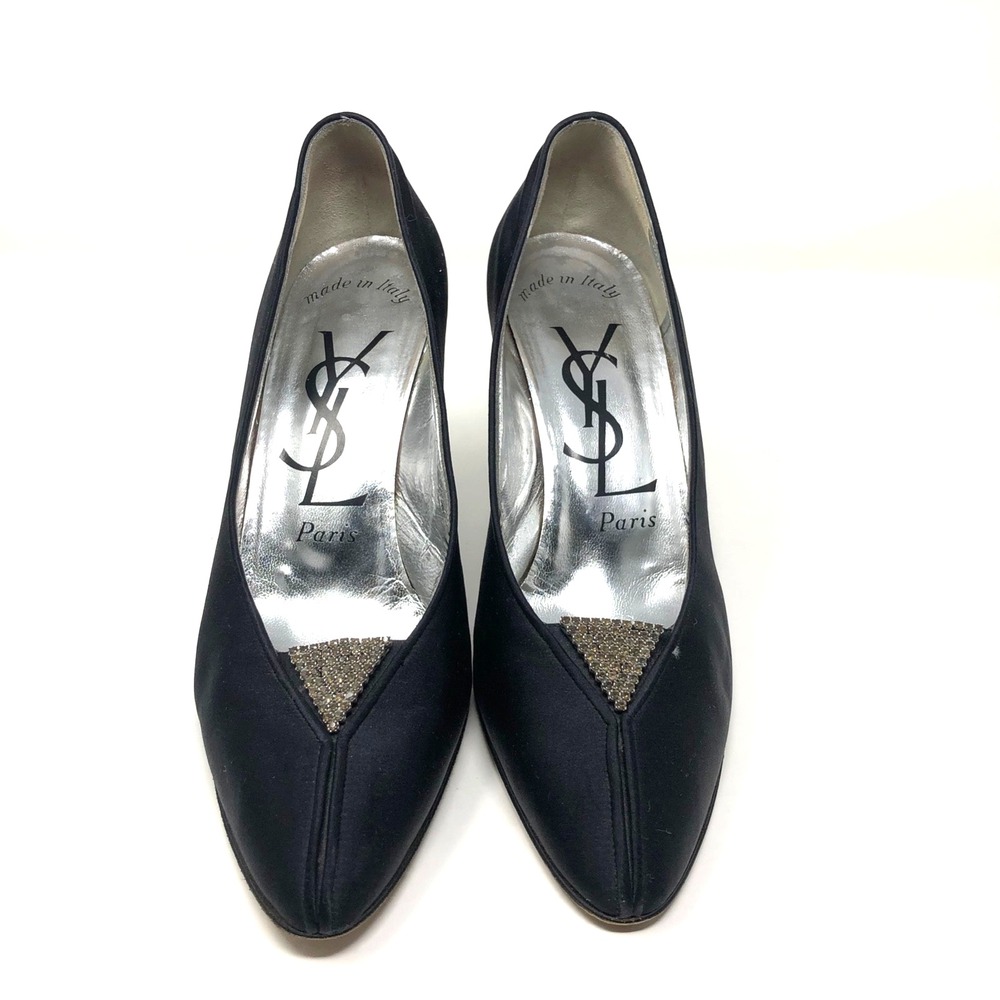 Saint Laurent Pumps Women 8 Black Satin Rhinestone Vintage YSL Heels - Picture 2 of 15